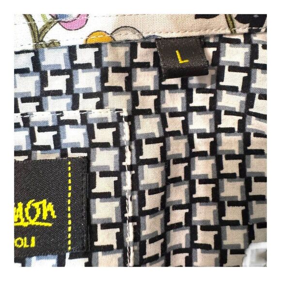 Banana Lemon Long Slv Button Up Shirt L Black White Geometric Flip Cuff Floral - Picture 4 of 5
